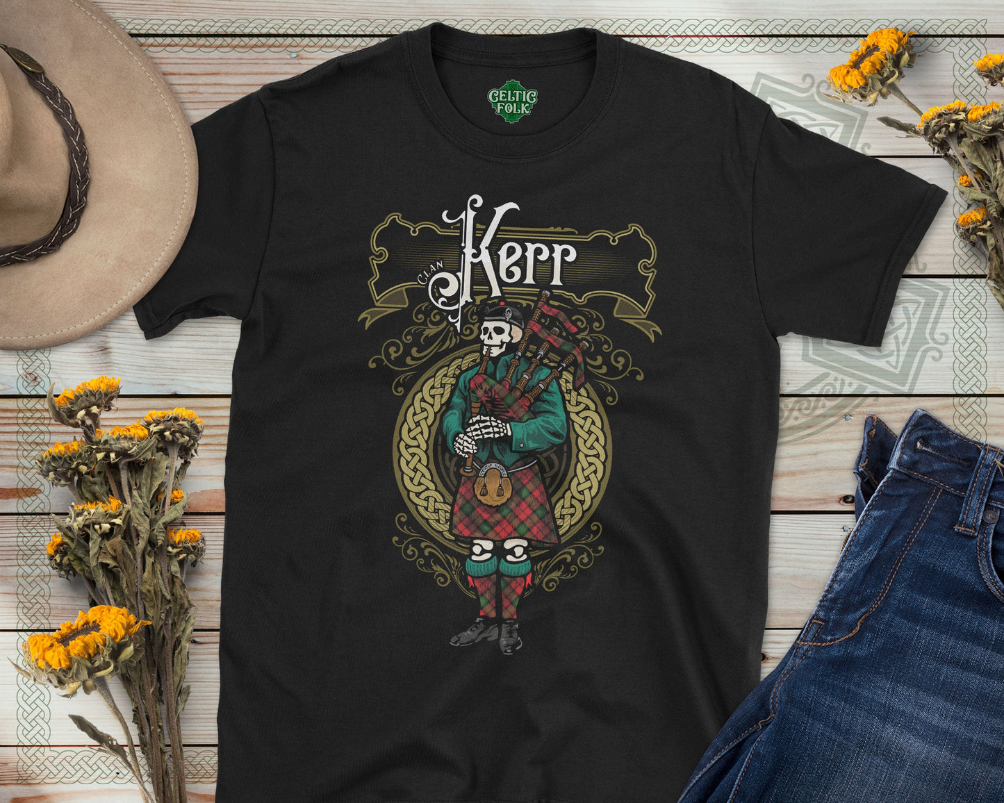 Clan Kerr Scottish Bagpiper Skeleton T-Shirt