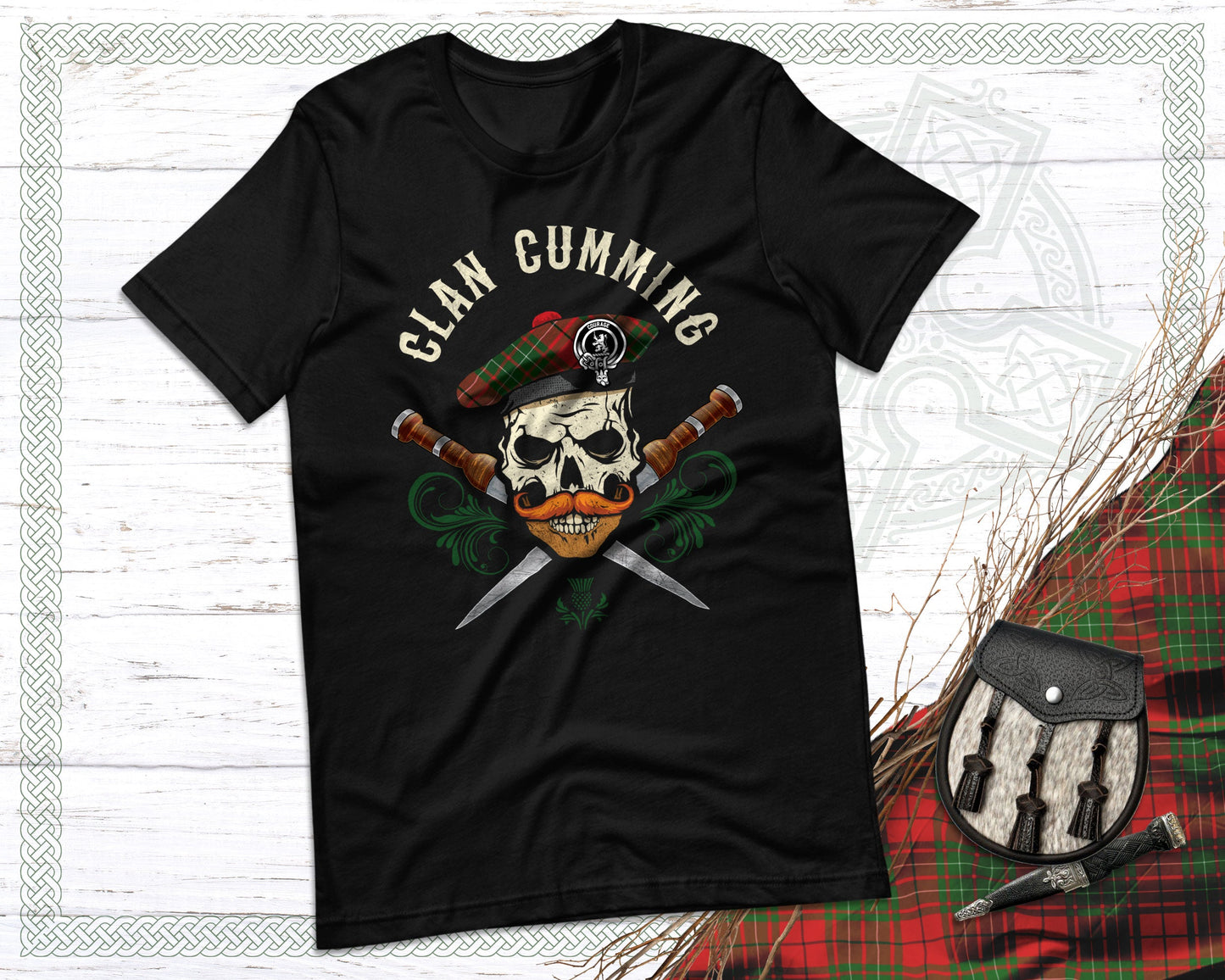 Clan Cumming Scottish Tartan Skull T-Shirt