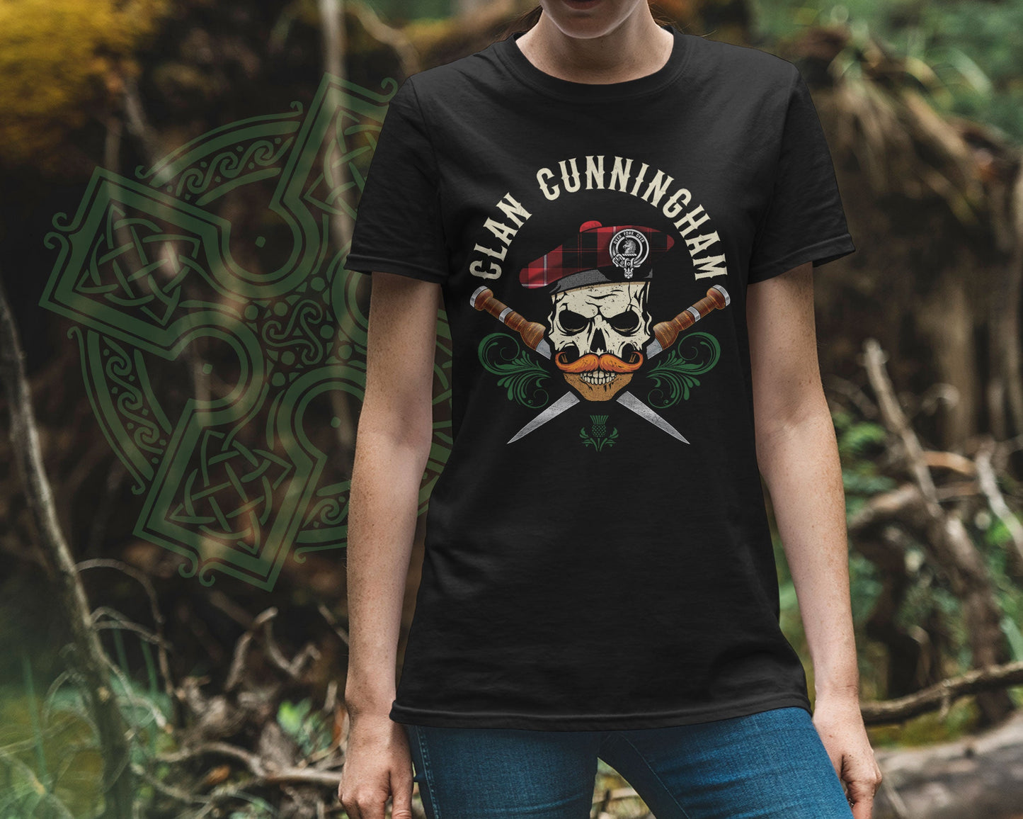 Clan Cunningham Scottish Tartan Skull T-Shirt