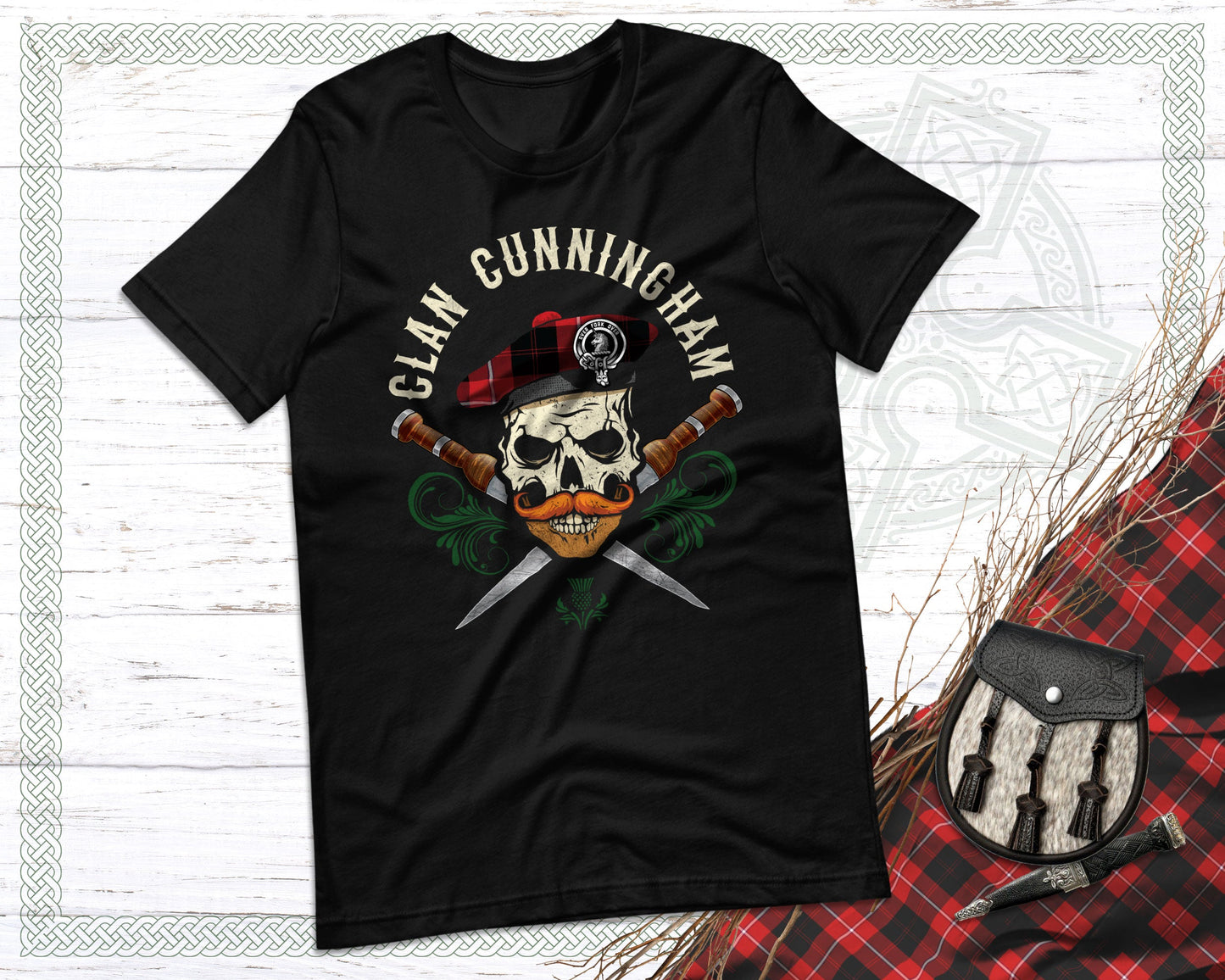 Clan Cunningham Scottish Tartan Skull T-Shirt