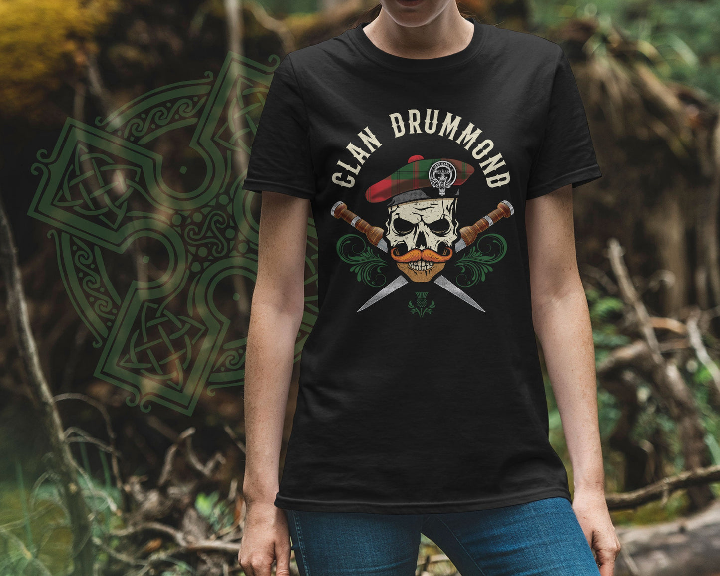 Clan Drummond Scottish Tartan Skull T-Shirt