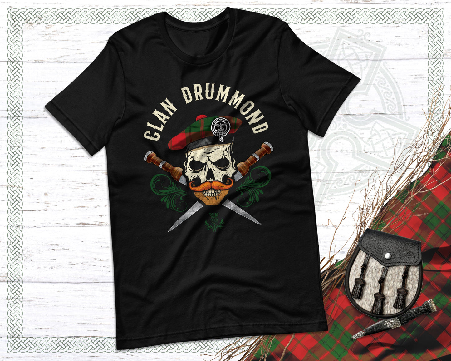 Clan Drummond Scottish Tartan Skull T-Shirt