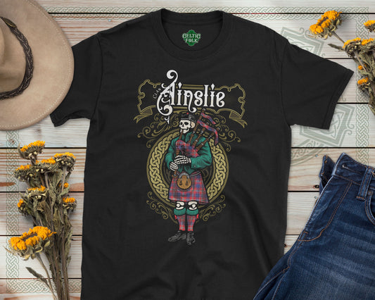 Clan Ainslie Scottish Bagpiper Skeleton T-Shirt