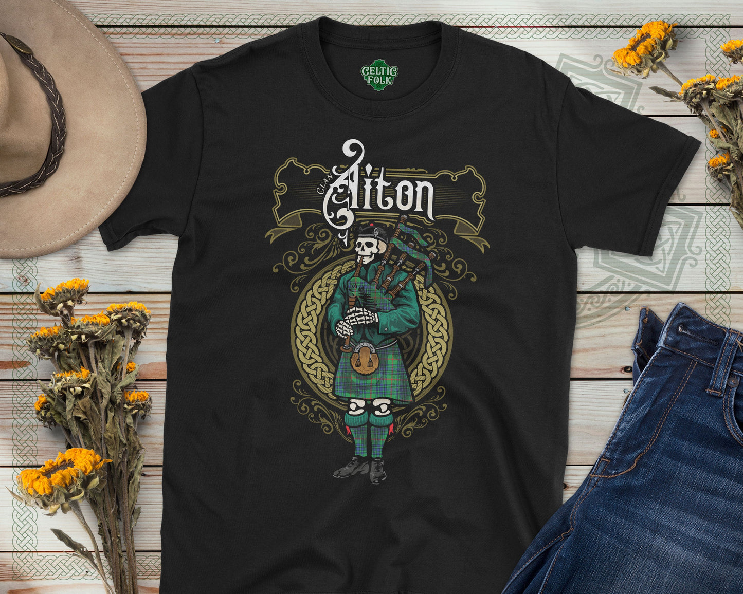 Clan Aiton Scottish Bagpiper Skeleton T-Shirt