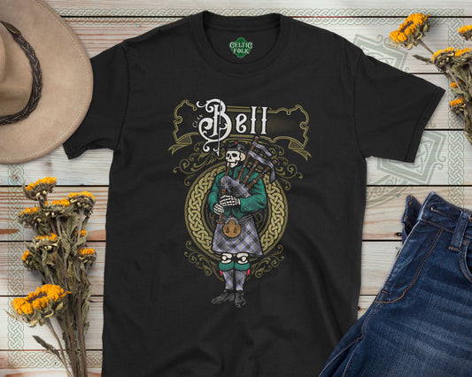 Clan Bell Scottish Bagpiper Skeleton T-Shirt