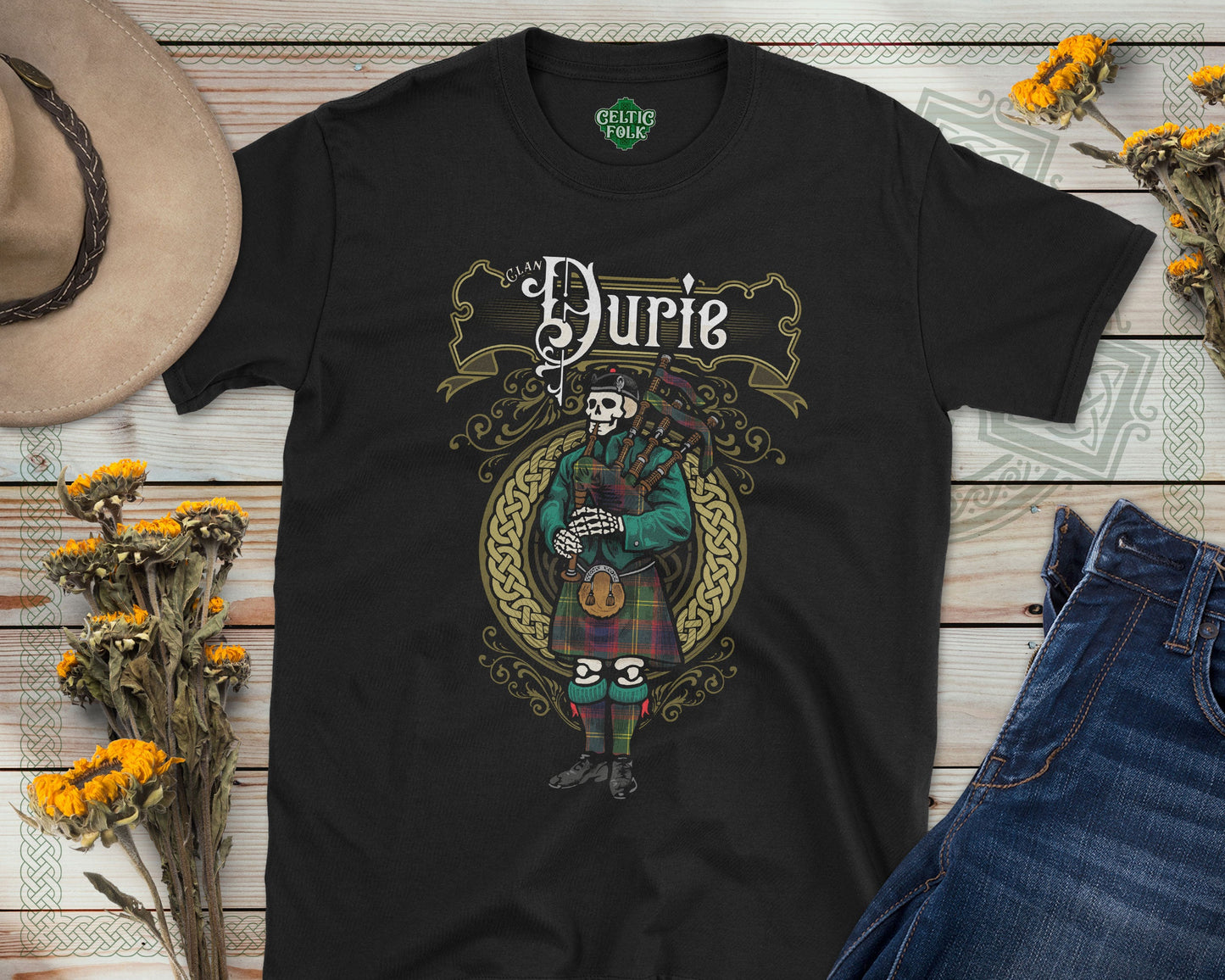 Clan Durie Scottish Bagpiper Skeleton T-Shirt