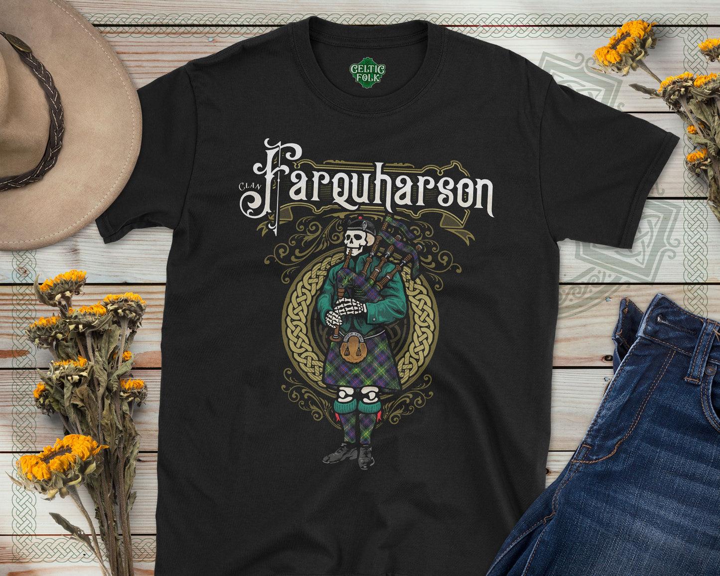 Clan Farquharson Scottish Bagpiper Skeleton T-Shirt