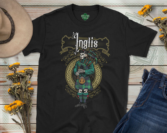 Clan Inglis Scottish Bagpiper Skeleton T-Shirt