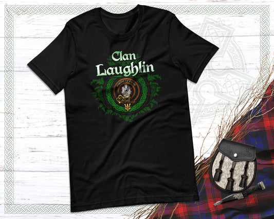 Clan Laughlin Scottish Tartan Thistle T-Shirt with Clan Crest Badge, Motto, and Surname of Family Coat of Arms