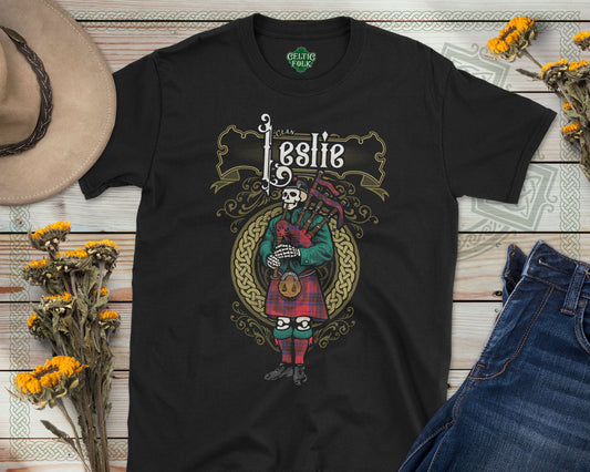 Clan Leslie Scottish Bagpiper Skeleton T-Shirt