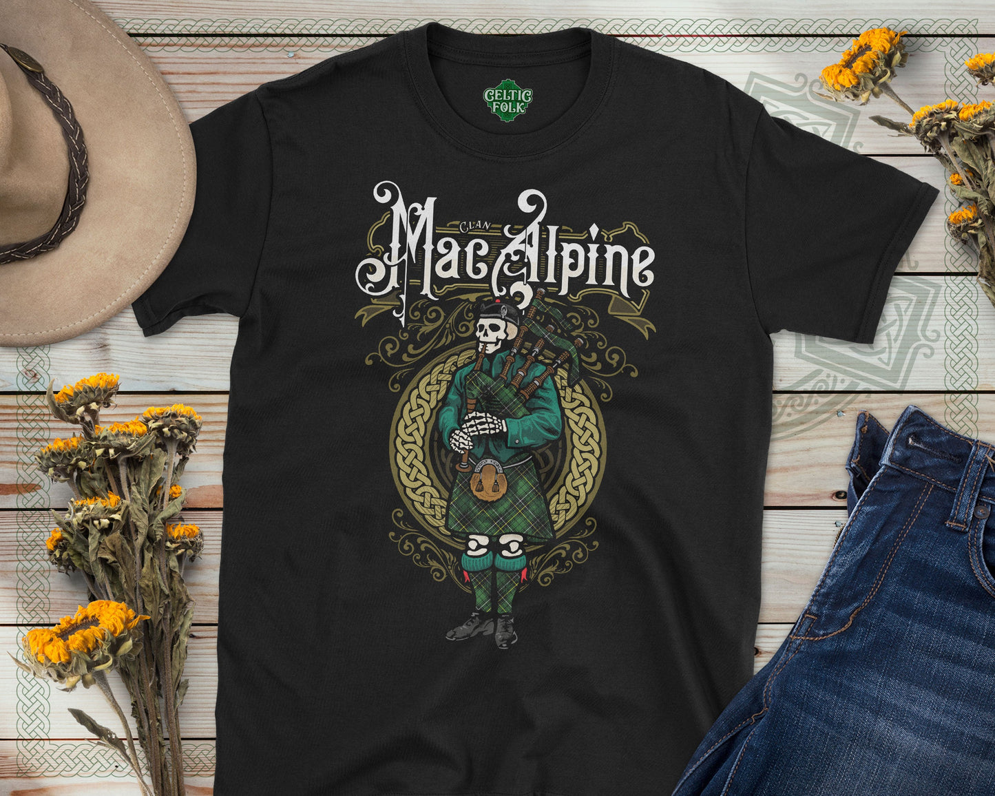 Clan MacAlpine Scottish Bagpiper Skeleton T-Shirt