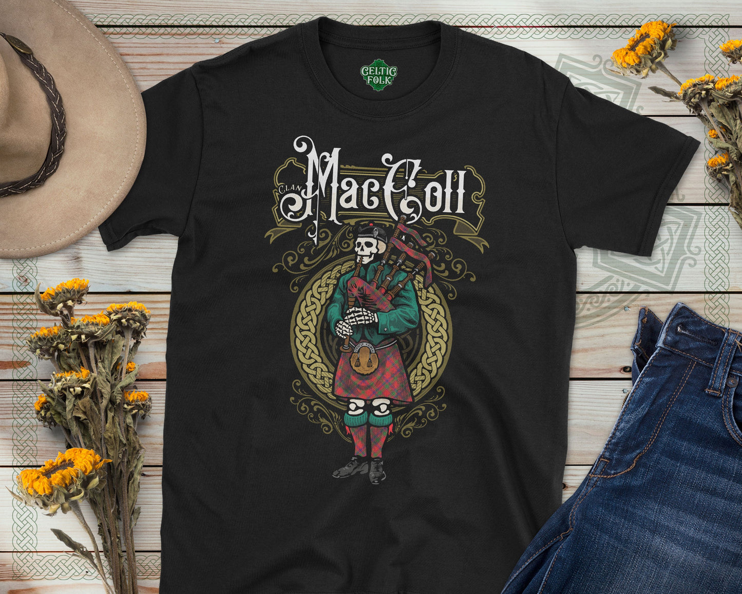 Clan MacColl Scottish Bagpiper Skeleton T-Shirt