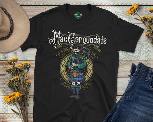 Clan MacCorquodale Scottish Bagpiper Skeleton T-Shirt