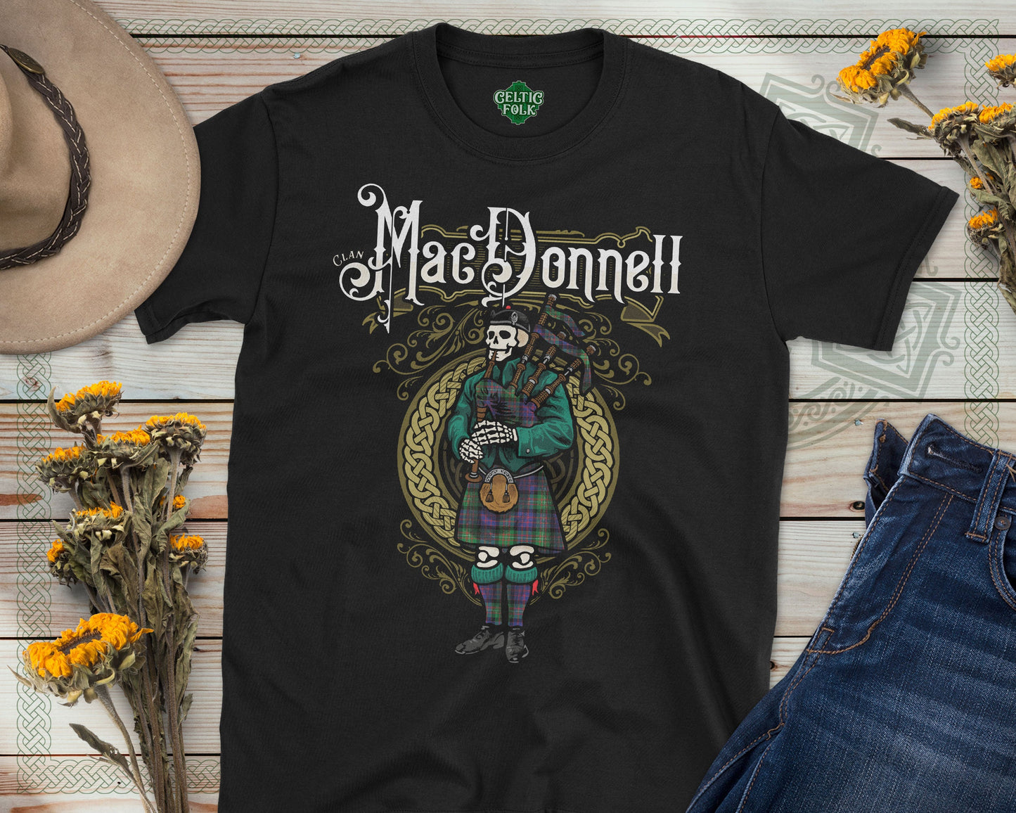 Clan MacDonnell Scottish Bagpiper Skeleton T-Shirt