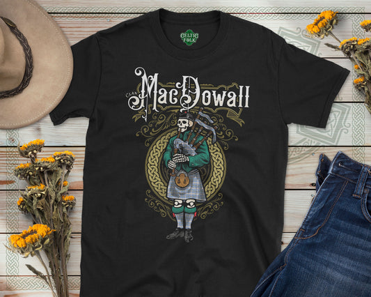 Clan MacDowall Scottish Bagpiper Skeleton T-Shirt