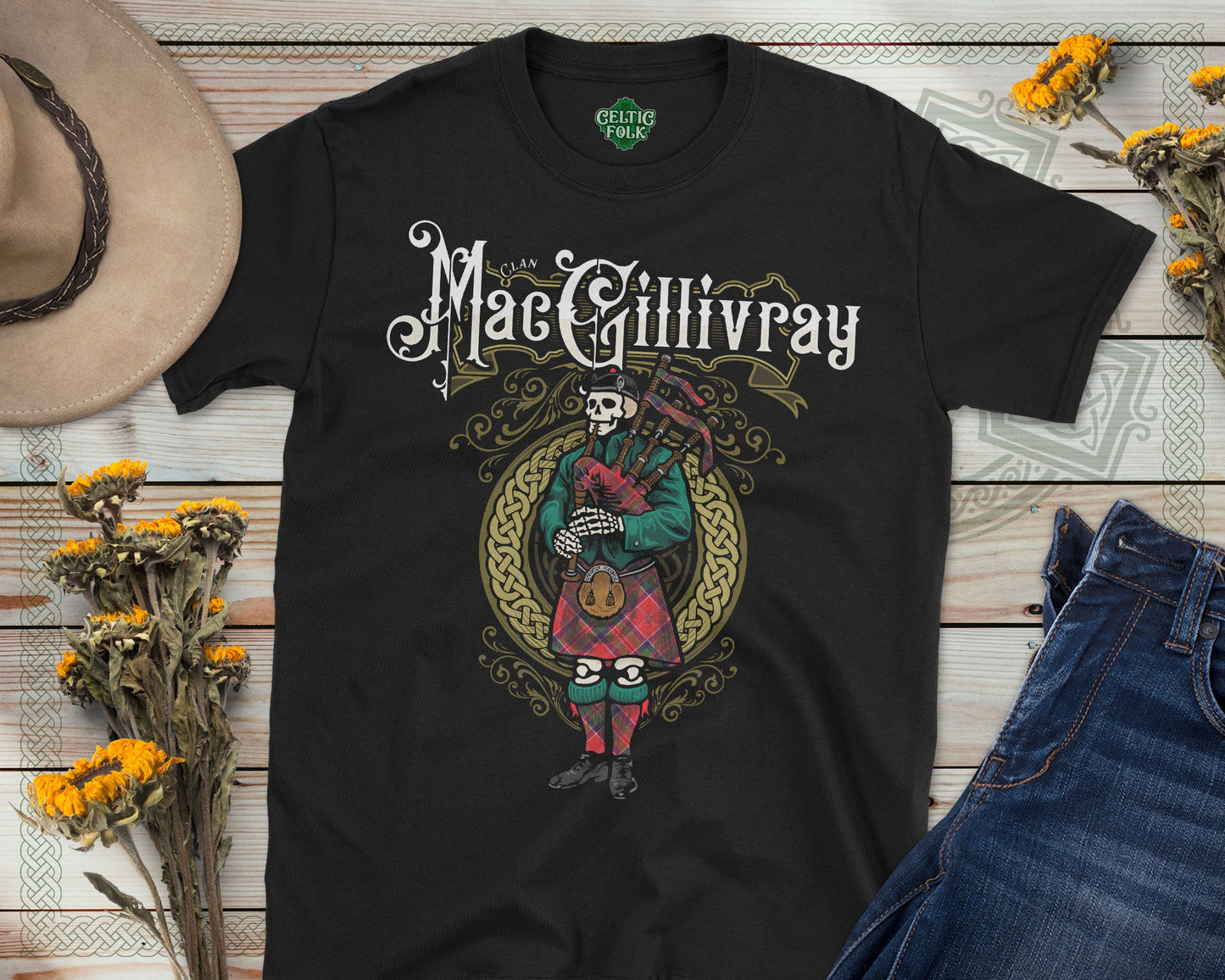 Clan MacGillivray Scottish Bagpiper Skeleton T-Shirt