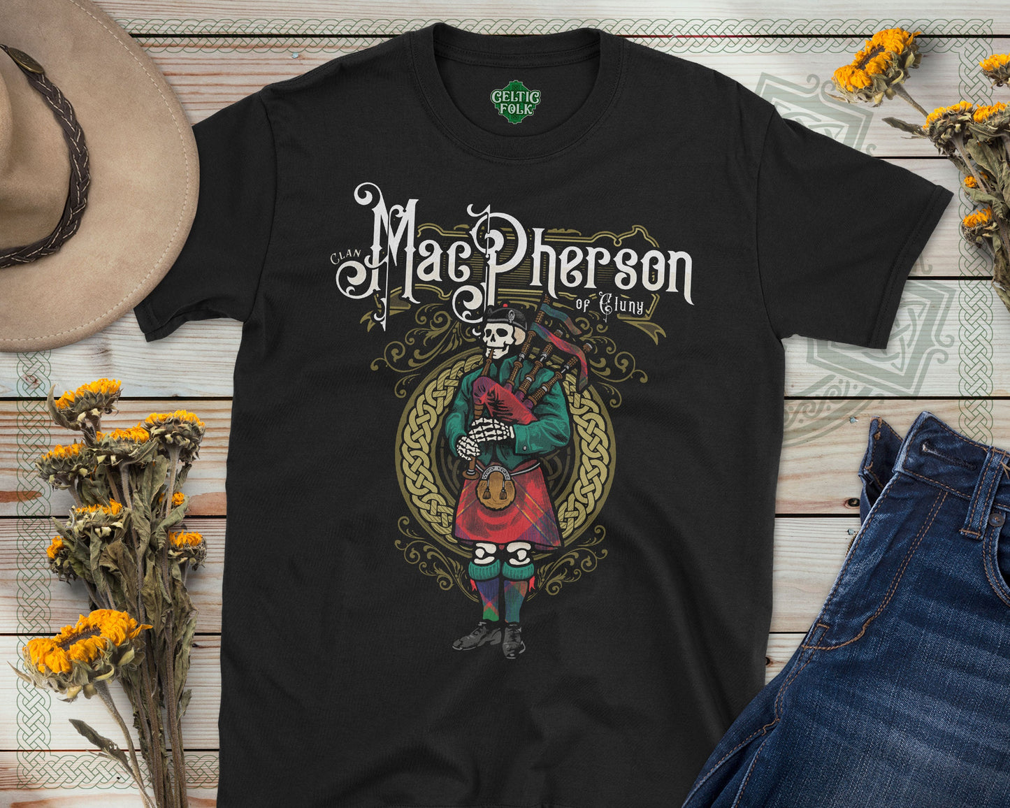 Clan MacPherson of Cluny Scottish Bagpiper Skeleton T-Shirt