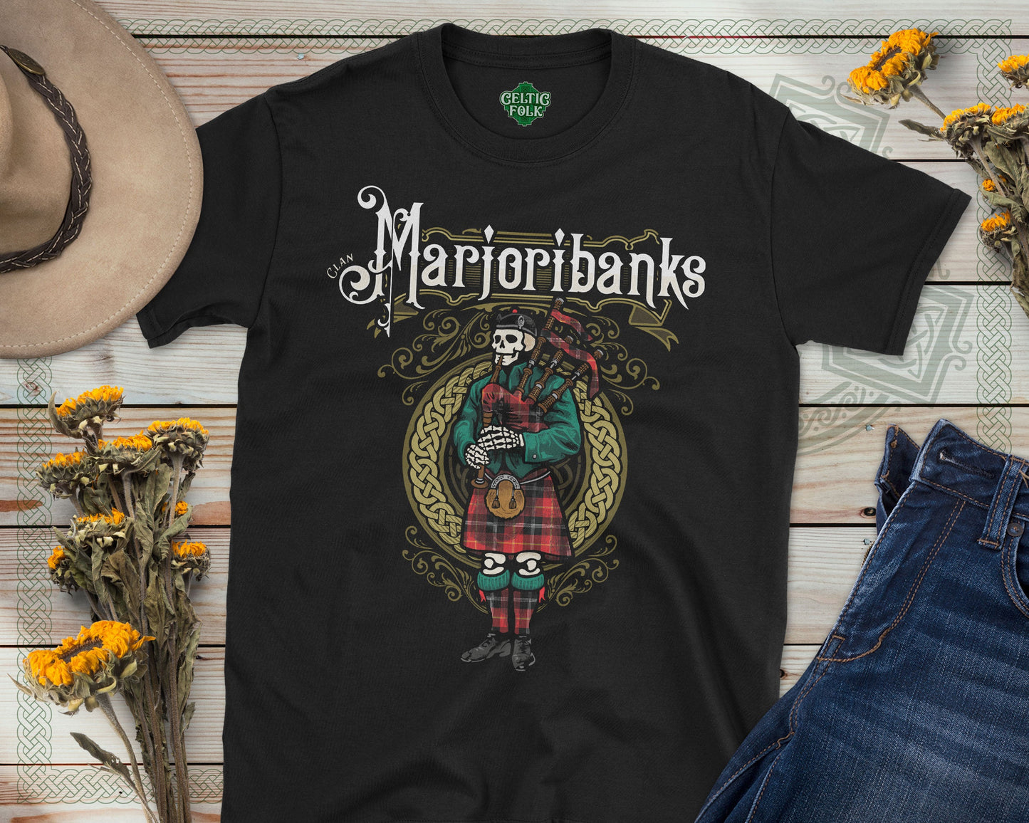 Clan Marjoribanks Scottish Bagpiper Skeleton T-Shirt