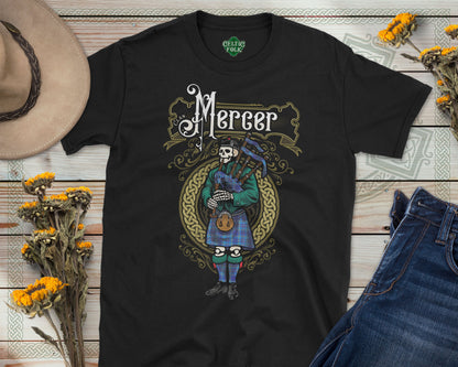 Clan Mercer Scottish Bagpiper Skeleton T-Shirt