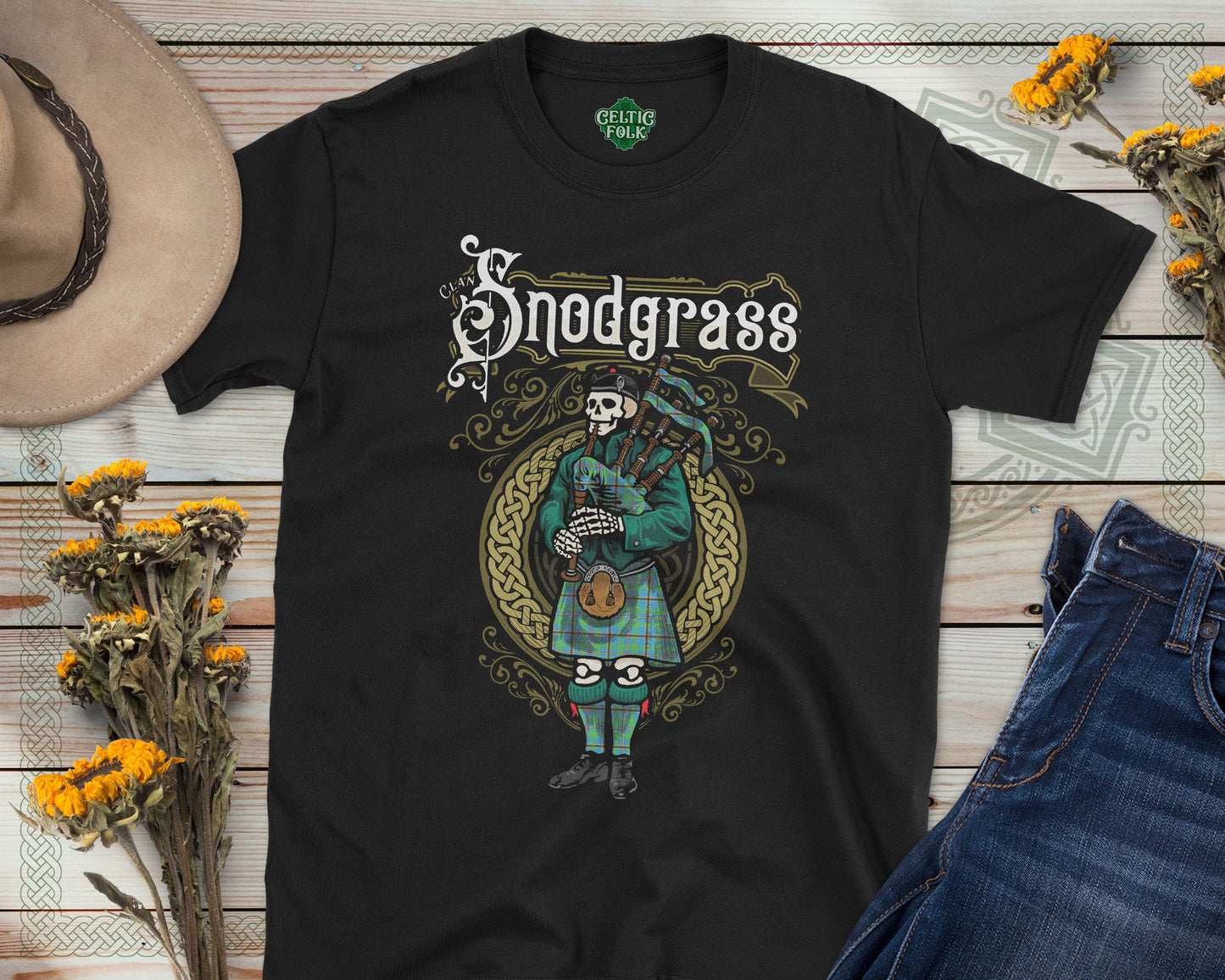 Clan Snodgrass Scottish Bagpiper Skeleton T-Shirt