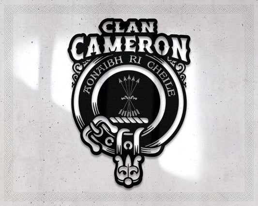 Clan Cameron Die-Cut Metal Sign with Scotland Clan Badge and Motto