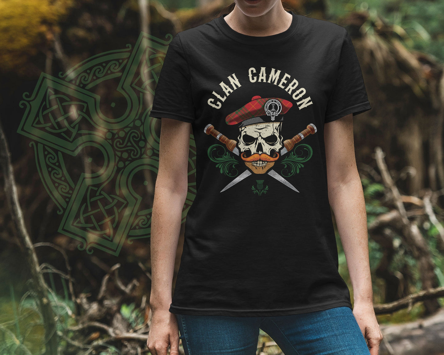 Clan Cameron Scottish Tartan Skull T-Shirt