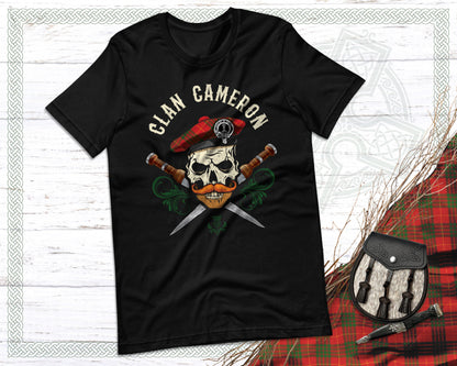 Clan Cameron Scottish Tartan Skull T-Shirt