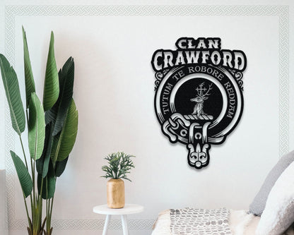 Clan Crawford Die-Cut Metal Sign with Scotland Clan Badge and Motto