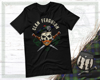 Clan Ferguson Scottish Tartan Skull T-Shirt