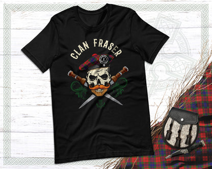 Clan Fraser Scottish Tartan Skull T-Shirt