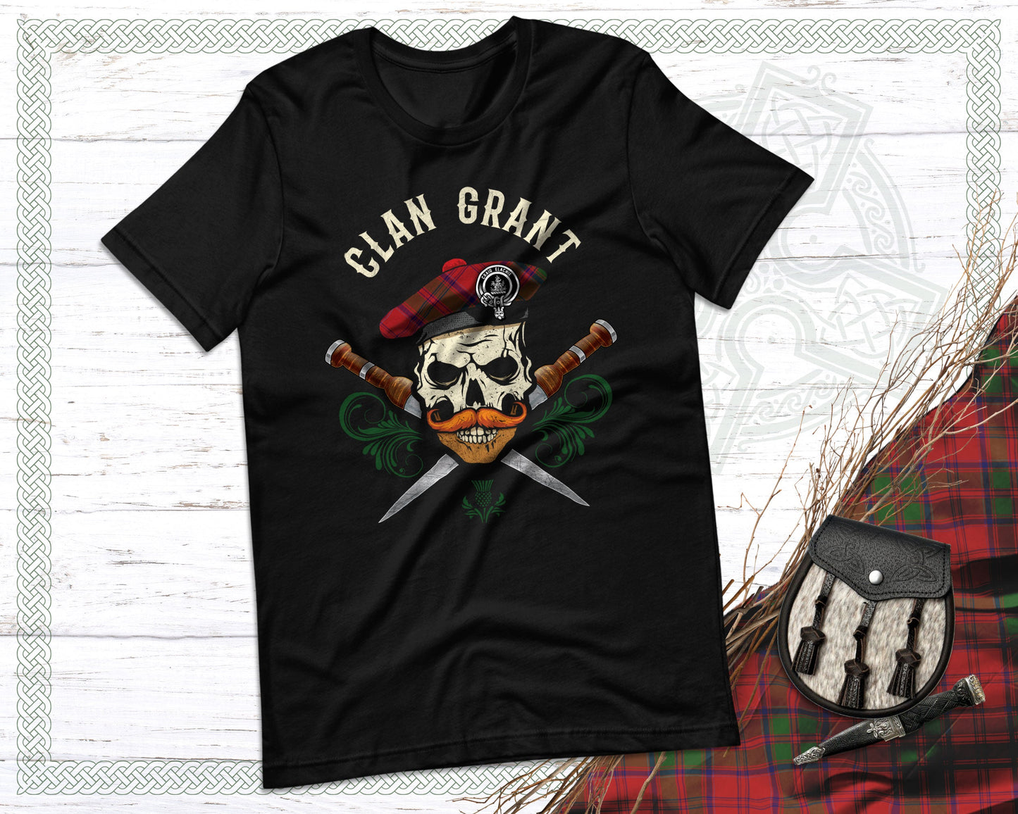 Clan Grant Scottish Tartan Skull T-Shirt