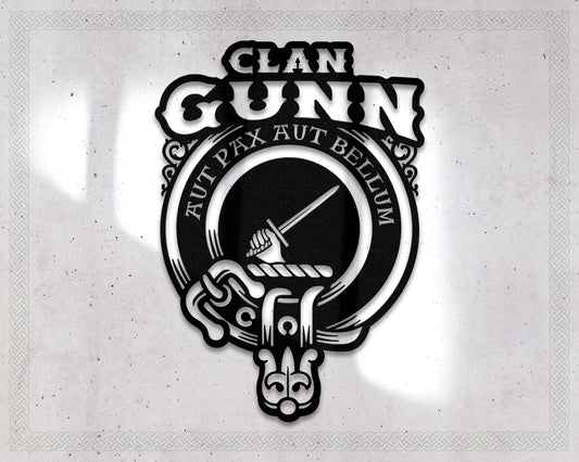 Clan Gunn Die-Cut Metal Sign with Scotland Clan Badge and Motto