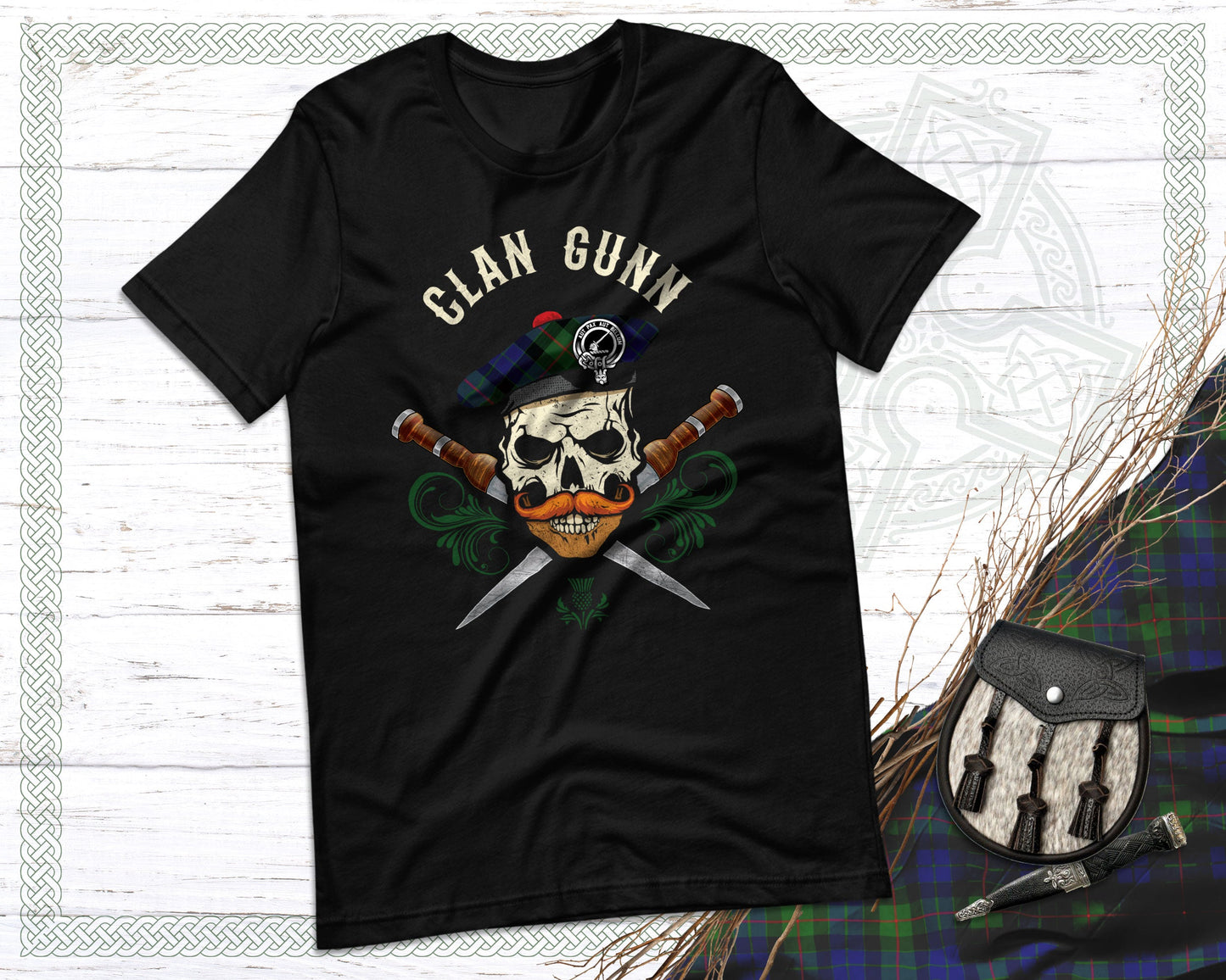 Clan Gunn Scottish Tartan Skull T-Shirt