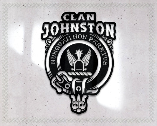 Clan Johnston Die-Cut Metal Sign with Scotland Clan Badge and Motto