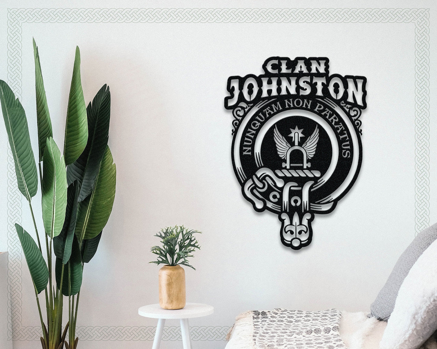 Clan Johnston Die-Cut Metal Sign with Scotland Clan Badge and Motto