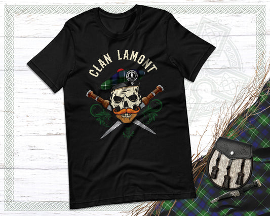 Clan Lamont Scottish Tartan Skull T-Shirt