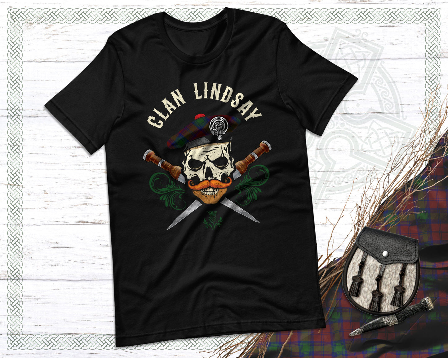 Clan Lindsay Scottish Tartan Skull T-Shirt