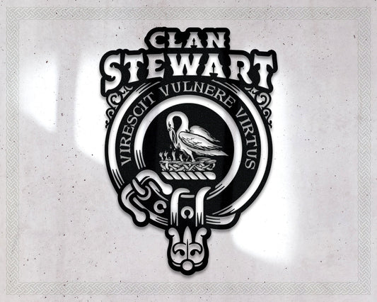 Clan Stewart Die-Cut Metal Sign with Scotland Clan Badge and Motto